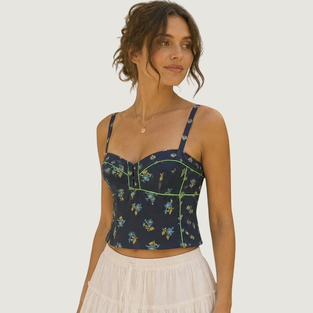 Rebecca Taylor Silk Floral Babydoll Cami Top Size‎ 2 Navy Cottage Garden Coastal